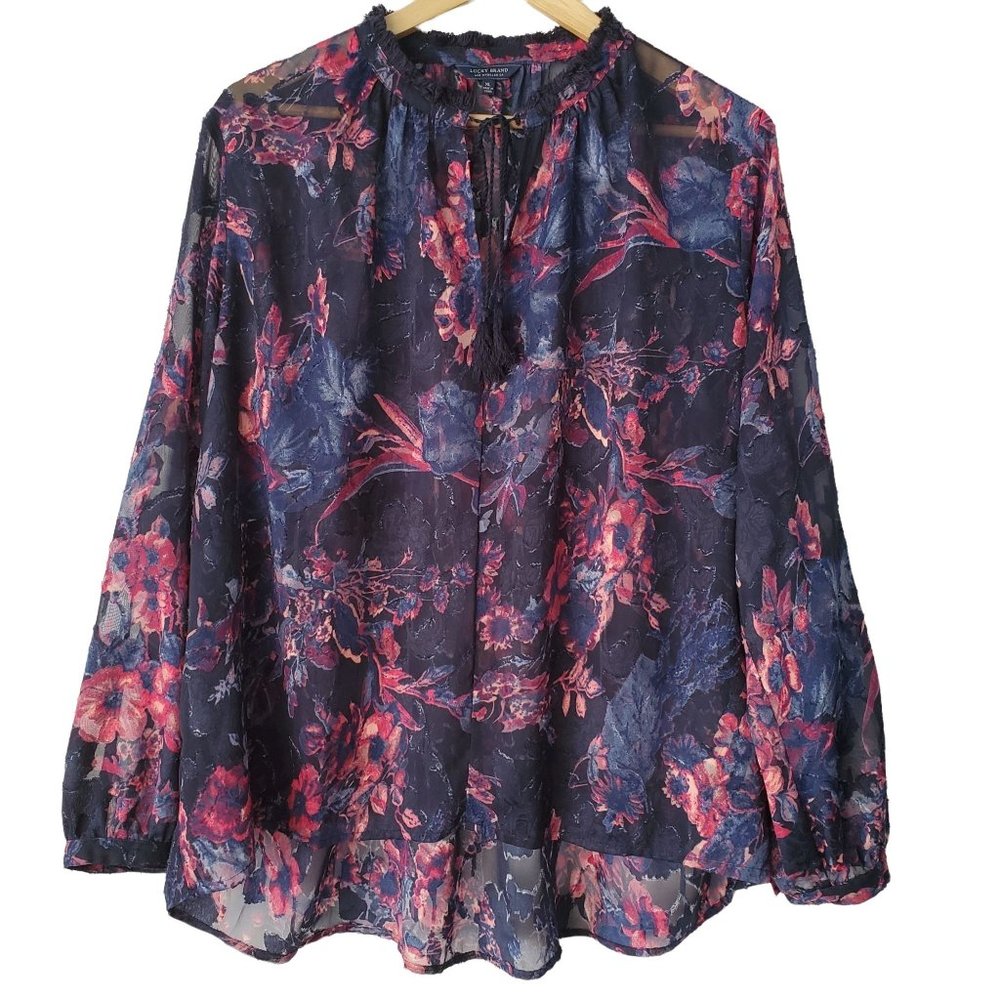 Lucky Brand Womens Floral Boho Top Size XL Blue Sheer Long Sleeves Tassels